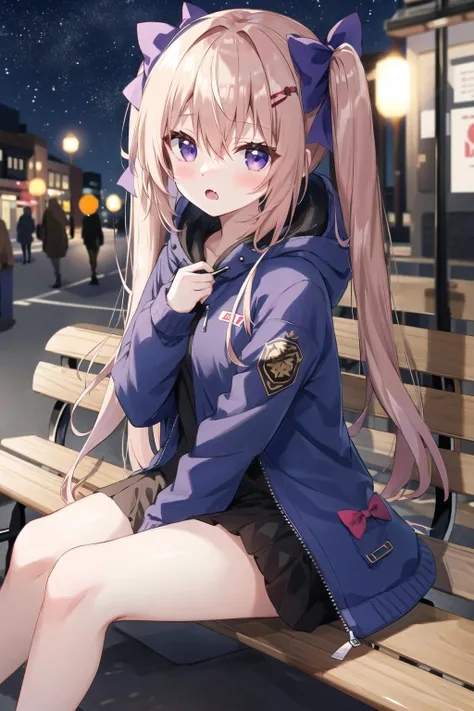 1girl, purple eyes, blush, long hair, twintails, solo focus, brown hair, bow, bangs, hair between eyes, blue bow, nose blush, light blush, :o, fang, very long hair, breasts, blonde hair, fangs, outdoor, night, street, starry sky, bench, sitting
, hooded jacket, casual,dark night ,night sky, arm hug, open jacket,