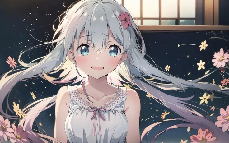 1girl,solo focus,   full body,  looking at viewer, facing viewer,  <lora:Eromanga_izumi sagiri:0.72>, sleeveless dress, casual, white dress,floral background,  outdoors,  upper body, white hair, blue eyes, flower field,  light blush, tsundere,  light smile, happy tears, lace trim,  <lora:JW-000005:1>