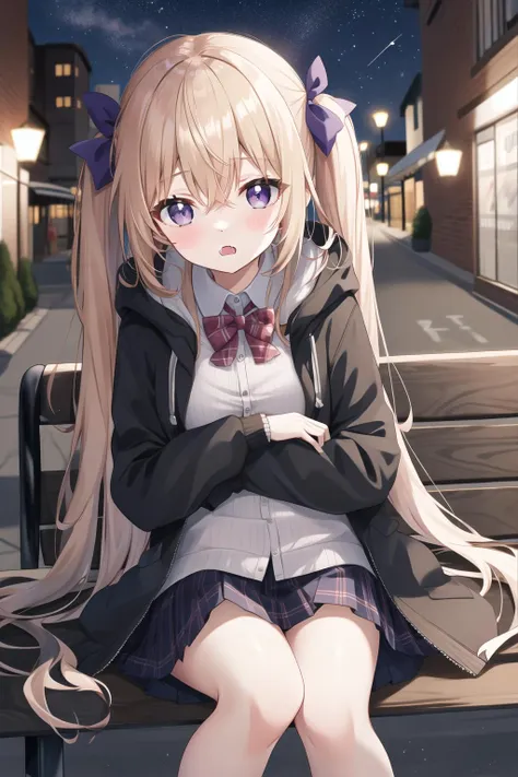 1girl, purple eyes, blush, long hair, twintails,  solo focus, brown hair, bow, bangs, hair between eyes, blue bow, nose blush,  light blush, :o, fang,  very long hair,  breasts,  blonde hair,  fangs,  outdoor, night, street, starry sky, bench, sitting
, hooded jacket, casual,dark night ,night sky, arm hug, open jacket, pleated skirt,