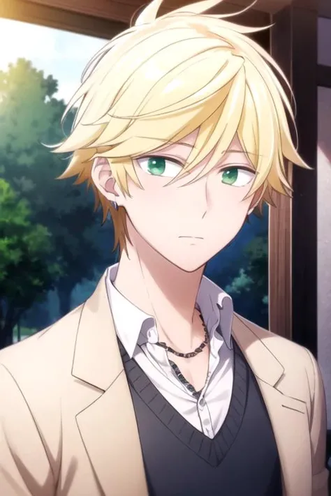 masterpiece, best quality, game cg, 1boy, solo, male focus, looking at viewer, upper body, depth of field, , , <lora:masahiro_setagawa:0.72>, masahiro_setagawa, blonde hair, green eyes, sanpaku, , fairytale,
