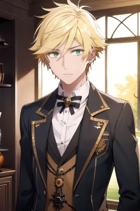masterpiece, best quality, photorealistic, 1boy, solo, male focus, looking at viewer, upper body, , <lora:masahiro_setagawa:0.74>, masahiro_setagawa, blonde hair, green eyes, halloween costume, steampunk, HDR