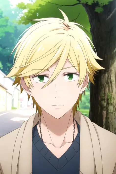 masterpiece, best quality, illustration, 1boy, solo, male focus, looking at viewer, upper body, depth of field, , , <lora:masahiro_setagawa:0.70>, masahiro_setagawa, blonde hair, green eyes, sanpaku