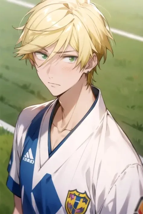 masterpiece, best quality, illustration, 1boy, solo, male focus, looking at viewer, upper body, , , realistic, <lora:masahiro_setagawa:0.72>, masahiro_setagawa, blonde hair, green eyes, sanpaku, , soccer field, High definition