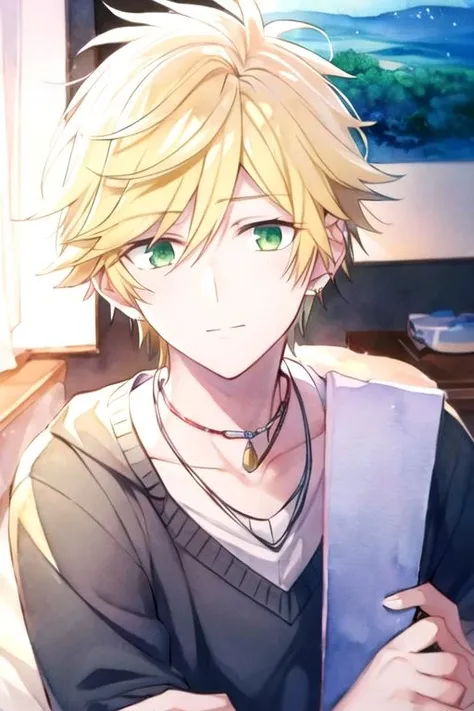 masterpiece, best quality, movie still, 1boy, solo, male focus, looking at viewer, , , (watercolor illustration, soft pastel colors:1.1), , <lora:masahiro_setagawa:0.72>, masahiro_setagawa, blonde hair, green eyes, sanpaku, , , , 4k resolution