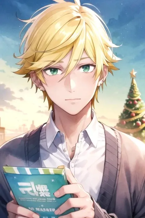 masterpiece, best quality, movie still, 1boy, solo, male focus, looking at viewer, upper body, , (watercolor illustration, soft pastel colors:1.1), realistic, <lora:masahiro_setagawa:0.72>, masahiro_setagawa, blonde hair, green eyes, sanpaku, christmas costume, science fiction time travel,