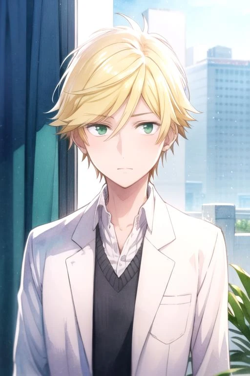 masterpiece, best quality, sketch, 1boy, solo, male focus, looking at viewer, upper body, , (watercolor illustration, soft pastel colors:1.1), realistic, <lora:masahiro_setagawa:0.72>, masahiro_setagawa, blonde hair, green eyes, sanpaku, , science fiction dieselpunk, Blu-ray