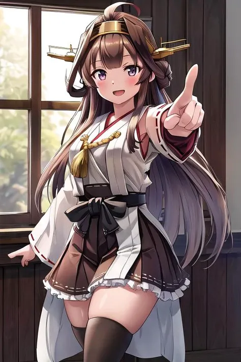 masterpiece, best quality, absurdres, ultra detail,<lora:GoodHands-vanilla:0.8> <lora:anmnr01:0.3> <lora:add_detail:0.5> kongou_kantaicollection <lora:kongou_kantaicollection:0.8>,smile,open mouth,ww2 age office,window,standing,facing viewer,pointing viewer