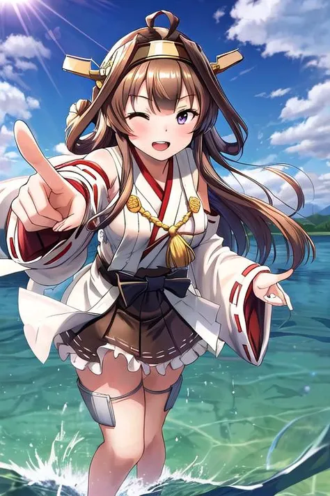 masterpiece, best quality, absurdres, ultra detail,<lora:GoodHands-vanilla:0.8> <lora:anmnr01:0.3> <lora:add_detail:0.5> kongou_kantaicollection <lora:kongou_kantaicollection:0.8>,smile,open mouth,stand on water surface,lake,sunshine,cloud,facing viewer,pointing viewer,wink,from above