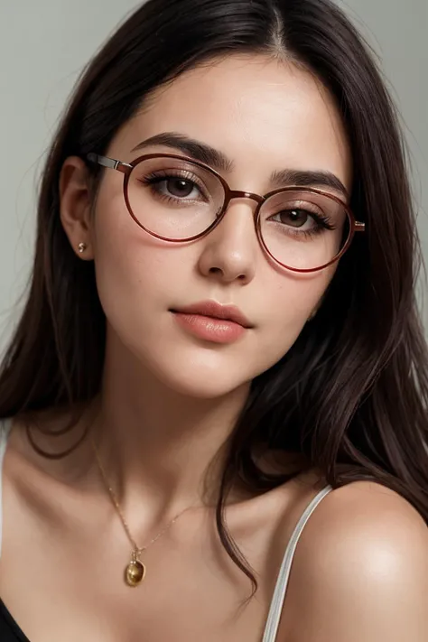 a beautiful Italian adult woman, strong round glasses, thin lips, slim, mouth ajar, real skin texture, relaxed,
closeup photo, film grain,