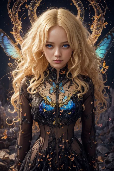 (A charming 24 yo Swedish curly blonde),
[ : shifted reality, elemental butterflies rage, broken reflections, magic fireflies tornado,
liquid fire flow, chaotic flowers, fierce night,
heartbreaking fantasy art, mind-blowing painting, unreal scenery : 0.1]