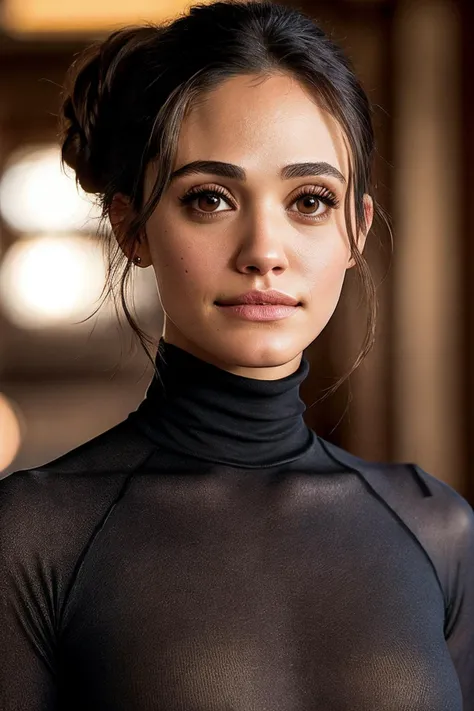 photo of extremely sexy (emrossum:0.99), a woman as a sexy student, closeup portrait upsweep updo, (Construction Orange tight long sleeve turtleneck top), at a cantina sitting bar (masterpiece:1.5) (photorealistic:1.1) (bokeh) (best quality) (detailed skin texture pores hairs:1.1) (intricate) (8k) (HDR) (wallpaper) (cinematic lighting) (sharp focus), (eyeliner)