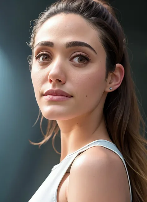 portrait of (emrossum:1.1), happy , wearing jumpsuit , with ash blonde Lob (long bob) , background mountain epic (photo, studio lighting, hard light, sony a7, 50 mm, matte skin, pores, colors, hyperdetailed, hyperrealistic)