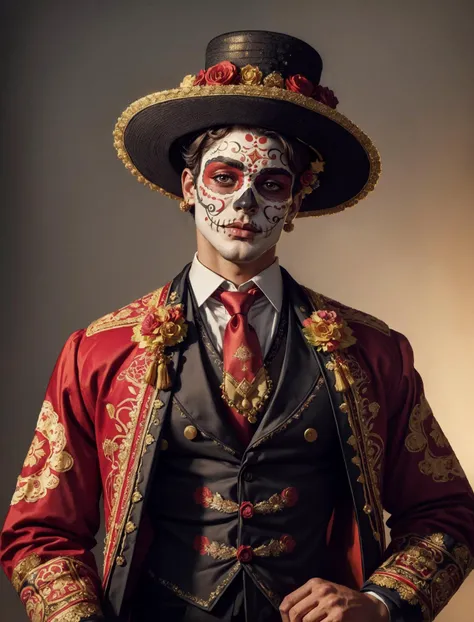 <lora:illustration:0.3> illustration, <lora:CatrinaMakeUp_Concept-10:0.3> CatrinaMakeUp, dia de los muertos + matador + traje de luces, <lora:epMatador1:0.3> epMatador outfit, necktie, jacket, epMatador_hat, male cute youthful face, looking at viewer, realistic, professional photo 4k, high resolution, high detail <lora:more_details:0.25>