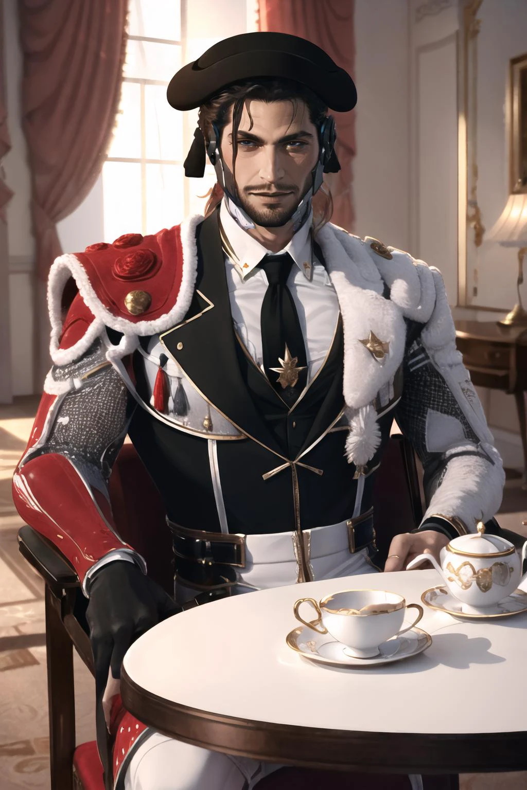 Highly detailed, High Quality, Masterpiece, beautiful, 1boy, solo, handsome FH_man, masculine FH_face, fit FH_body, <lora:Looks_HandsomeMales:0.8>, Jetstream Sam, facial hair, male focus, beard, cyborg, <lora:Char_MGR_JetstreamSam:0.85>, cowboy shot, smile, wearing epMatador outfit, epMatador_hat, necktie, jacket, <lora:Outfit_Matador:1>, sitting, table, indoors, cake, cake slice, teacup,