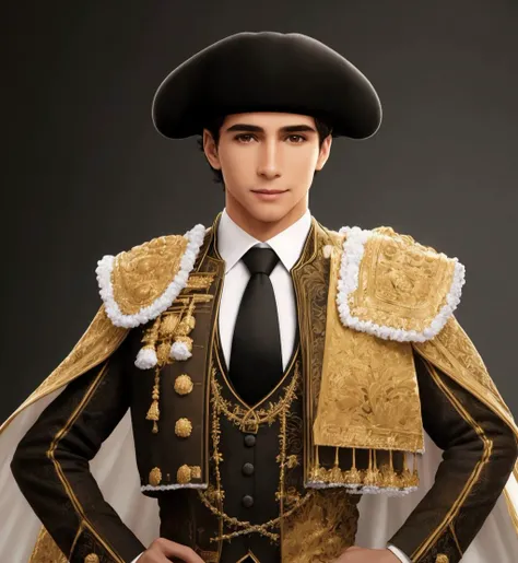 4K, Masterpiece, highres, absurdres,
solo, smile, shirt, black hair, long sleeves, 1boy, hat, holding, standing, jacket, white shirt, male focus, necktie, blurry, vest, black headwear, blurry background, black necktie, wearing epMatador outfit,epMatador_hat
 <lora:epMatador1:1>