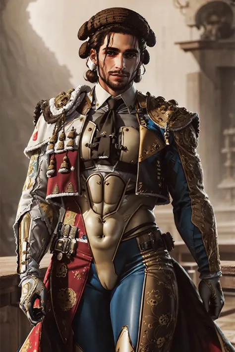 Highly detailed, High Quality, Masterpiece, beautiful, Jetstream Sam, facial hair, male focus, beard, <lora:Char_MGR_JetstreamSam:0.6>, shirt, 1boy, standing, jacket, white shirt, necktie, pants, parody, realistic, (wearing epMatador outfit:1.2), <lora:epMatador1:1.2>, light smile, (epMatador_hat:1.2), (detailed face and eyes:1.3)