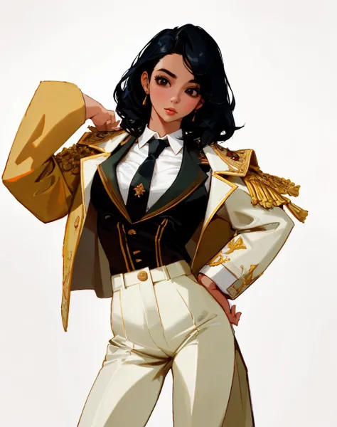 4K, Masterpiece, highres, absurdres,
solo, shirt, black hair, standing, jacket, white shirt, female focus, necktie, pants,fair skin, parody, cute female, realistic, woman wearing epMatador outfit
<lora:epMatador1:1>
