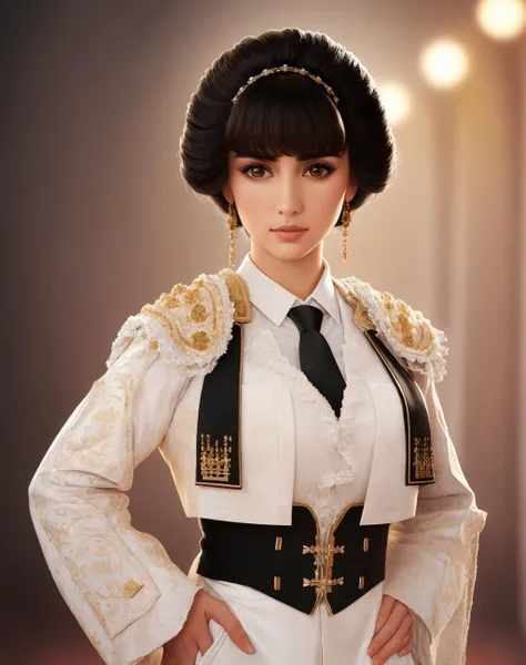 4K, Masterpiece, highres, absurdres,
solo, shirt, black hair, standing, jacket, white shirt, female focus, necktie, pants,fair skin, parody, cute female, realistic, beautiful esd_woman wearing epMatador outfit,perfect esd_face
<lora:epMatador1:1> <lora:esd:0.6>