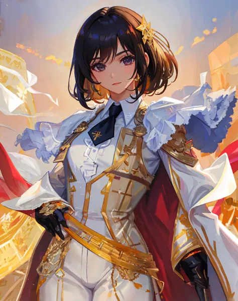 4K, Masterpiece, highres, absurdres,
solo, shirt, black hair, standing, jacket, white shirt, female focus, necktie, pants,fair skin,  parody, cute female, realistic, beautiful esd_woman wearing epMatador outfit,perfect esd_face
 <lora:epMatador1:1> <lora:esd:0.6>
