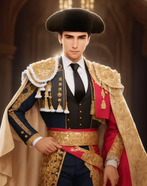 4K, Masterpiece, highres, absurdres,
solo, smile, shirt, black hair, long sleeves, 1boy, hat, holding, standing, jacket, white shirt, male focus, necktie, blurry, vest, black headwear, blurry background, black necktie, wearing epMatador outfit,epMatador_hat
 <lora:epMatador1:1>