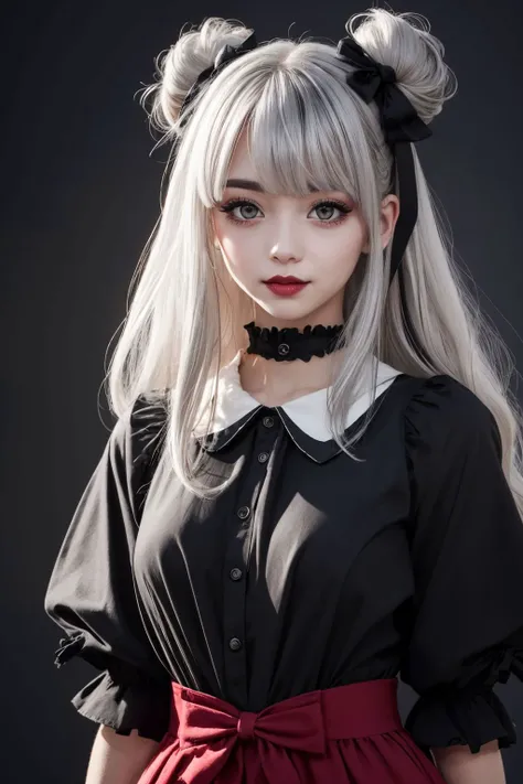 upper body, a badass GothGal, 28 years old, (caligirl:1.3), slaying it, wearing a red GothGal outfit, red dress, ribbon, frills, Pouty lips, Long eyelashes, Full eyebrows, Full eyelids, thick lips, rosy cheeks, cuteness overload , moody atmosphere, dimples, Resist her cuteness!!!, cute smile, fair pale skin, oily skin, radiant eyes, (Bun hair cut), (Platinum silver hair color), light beams streaming through haze, black and white, grainy, <lora:edgGothGal_MINI:1>