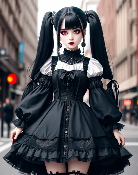 Masterpiece, absurdres,HDR ,highly detailed eyes and face,GothGal, a woman in a black and white ballfown is standing on the street, holding a GothGal purse , woman wearing a GothGal outfit, large boots, twin tail, frilly dress, lace, ribbon, lipstick, pale skin,wearing a ballgown <lora:ballgownGoth:0.7>