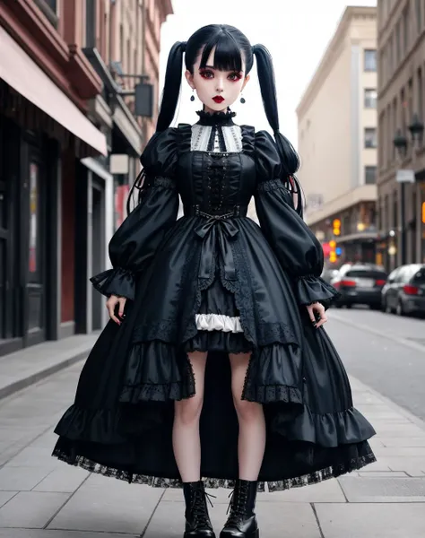 Masterpiece, absurdres,HDR ,highly detailed eyes and face,GothGal, a woman in a black and white ballfown is standing on the street, holding a GothGal purse , woman wearing a GothGal outfit, large boots, twin tail, frilly dress, lace, ribbon, lipstick, pale skin,wearing a ballgown <lora:ballgownGoth:0.7>
