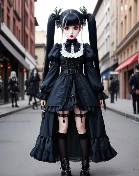 Masterpiece, absurdres,HDR ,highly detailed eyes and face,GothGal, a woman in a black and white ballfown is standing on the street, holding a GothGal purse , woman wearing a GothGal outfit, large boots, twin tail, frilly dress, lace, ribbon, lipstick, pale skin,wearing a ballgown <lora:ballgownGoth:0.7>