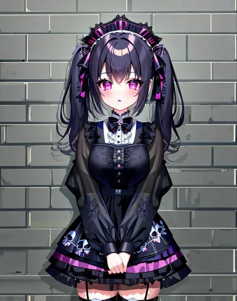 Masterpiece, absurdres,8K, solo,
<lora:GothGal:0.75>, GothGal, (ultra short skirt, fishnet stockings, gothic print, imprinted skulls:1.25), a woman in a black and white outfit is standing on the street,woman wearing a GothGal outfit, large boots, twin tail, frilly dress, lace, ribbon, lipstick, pale skin