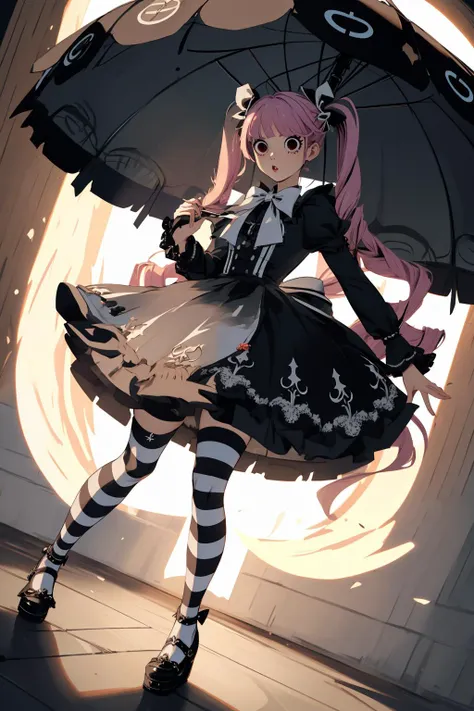 <lora:PeronaLORA-000004:1> perona, (circle-shaped eyes:1.3), black eyes, full body, twintails, twin drills,umbrella, (flying:1.3), <lora:edgGothGal_MINI:0.6> GothGal, wearing a GothGal outfi, dress, ribbon, frills, petite, striped legwear,, beautiful lighting, dutch angle,, masterpiece,best quality,ultra-detailed,very detailed illustrations,extremely detailed,intricate details,highres,super complex details,extremely detailed 8k cg wallpaper, (masterpiece, best quality,absurdres: 1.2), perfect hands,