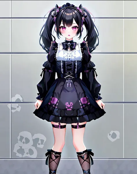 Masterpiece, absurdres,8K, solo,
<lora:GothGal:0.75>, GothGal, (ultra short skirt, fishnet stockings, gothic print, imprinted skulls:1.25), a woman in a black and white outfit is standing on the street,woman wearing a GothGal outfit, large boots, twin tail, frilly dress, lace, ribbon, lipstick, pale skin