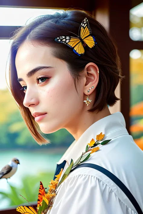 <lora:gothGals_v10:1> ((best quality)), ((masterpiece)), (detailed), (realistic),, wide angle full body, 8k, fish, goldfish, butterfly, animal, bug, 1girl, yellow_butterfly, earrings, leaf, autumn_leaves, seagull, ginkgo_leaf, jewelry, koi, parrot, bird_on_shoulder, white_butterfly, dragonfly, flock, falling_leaves, solo, sparrow, animal_on_shoulder, squirrel, short_hair, blue_butterfly, dove   Cinematography, photorealistic, epic composition Unreal Engine, Cinematic, Color Grading, Portrait Photography, Ultra-Wide Angle, Depth of Field, hyper detailed _SamDoesArt2_, photorealistic, realistic, photorealistic, best quality, super high resolution, beautiful, masterpiece, best quality, perfect lighting, best quality, super high resolution, photo realistic, super detailed, masterpiece, best quality,