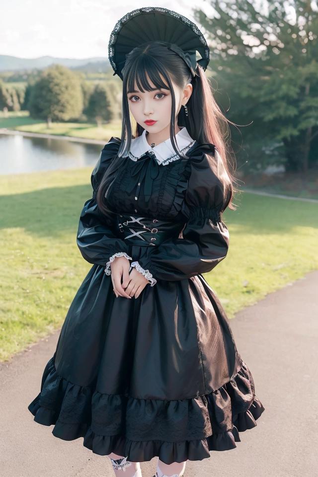 A woman in a black dress and hat standing on a path - SeaArt AI