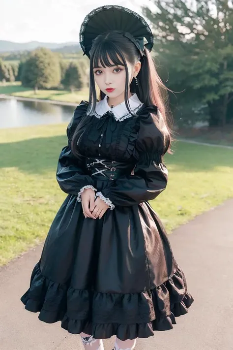 (8k, best quality, masterpiece:1.2), (realistic, photo-realistic:1.37), ultra-detailed, (1girl:1.6),cute, beautiful detailed sky,(outdoors:1.4), night, standing, dating,(nose blush, blush),(light smile:1.15), (closed mouth:1.2), large breasts, beautiful detailed eyes, (collared shirt:1.1), wet, rain, white lace, (long hair:1.2), floating hair NovaFrogStyle, full body, <lora:gothGals_v10:1> gothgal, looking at viewer, wearing a goth gal outgfit