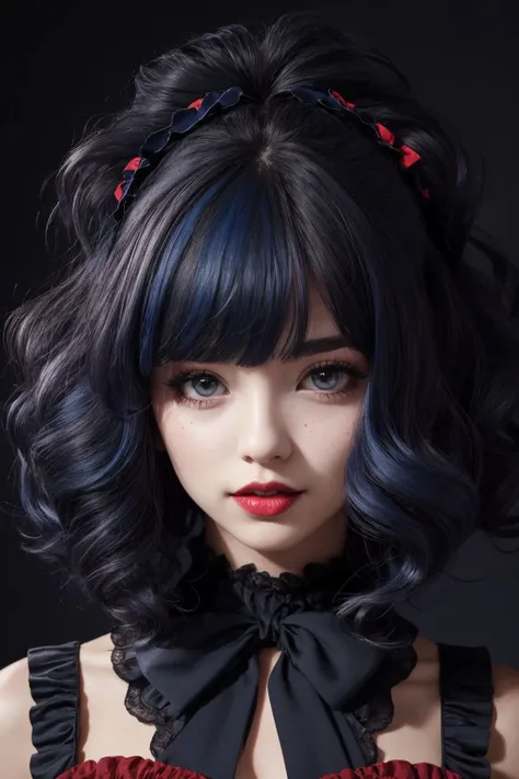upper body, a badass GothGal, 28 years old, (caligirl:1.3), slaying it, wearing a red GothGal outfit, red dress, ribbon, frills, Pouty lips, Long eyelashes, thick lips rosy cheeks, cuteness overload , moody atmosphere, dimples, Resist her cuteness!!!, cute smile, fair pale skin, oily skin, radiant eyes, (Voluminous curls hair cut), (Navy blue hair color), direct flash photography, color filter, grainy, <lora:edgGothGal_MINI:1>