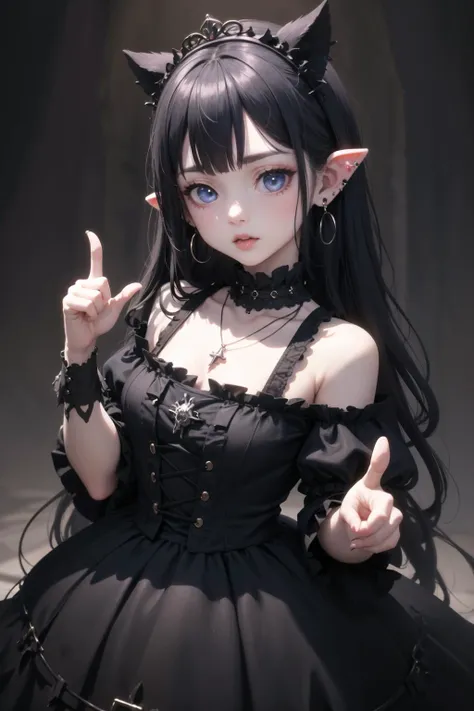 <lora:edgGothGal_MINI:1>, GothGal, wearing a GothGal outfi, dress, ribbon, frills,
(highly detailed:1.3),
1girl, solo, (pout:1.1), (pointy ears:1.2), (blue eyes:1.1), (tiara:1.2), (necklace:1.1), (earrings:1.2), (jewelry:1.2), (pointing at viewer:1.3),
Ultra-detail, (highres:1.1), best quality, (masterpiece:1.3), cinematic lighting,