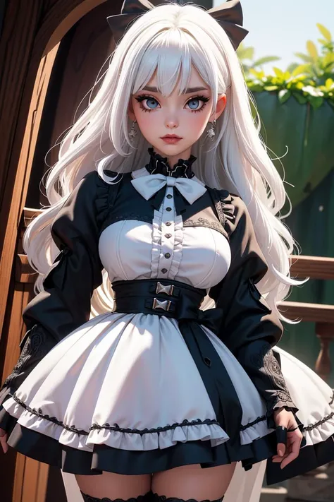 (masterpiece, best quality, hires, high resolution:1.2, 4k, 8k , high quality), extremely detailed, realistic, intricate details, highres, 1girl, solo, (large breasts, thick thighs, wide hips), arched back,(cinematic lighting, sunlight, perfect lighting, backlighting), eye-level shot, extreme close-up-shot, looking at viewer, white hair,
<lora:edgGothGal_MINI:0.8> GothGal, wearing a GothGal outfi, dress, ribbon, frills