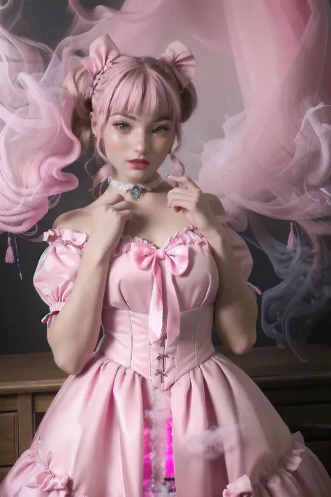 embedding:ToD\Tower-of-Doom-Ludmille is woman looking shocked, solo, (pink color:1.5), both hands touching cheeks, twin pony tail hairstyle,( pink hair color:1.1), pink eyeshadow, pink makeup, bright pink lipstick, GothGal, wearing a GothGal outfit, bright pink dress, pink corset, pink sleeves, pink ribbons, pink frills, pink room, pink furniture, pink curtains, volumetric lighting, smoky atmosphere, (pink smoke:1.5) 16K, Best Quality, High Quality, Highres, Masterpiece, Super Detail, Photography Style, Photorealism Style, Hyperrealism Style, Hyper maximalist, Fashion Photography, Glamour Photography, embedding:Positive\epiCPhoto, <lora:Fashion\edgGothGal_MINI:1.0>