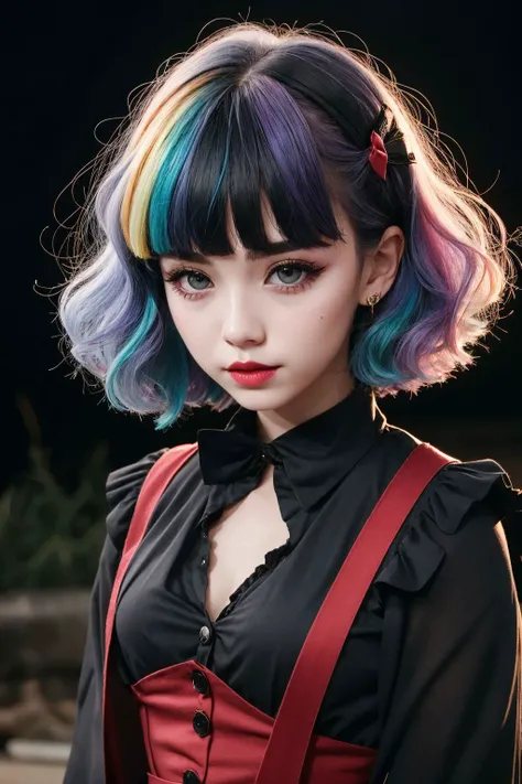upper body, a badass GothGal, 28 years old, (caligirl:1.3), slaying it, wearing a GothGal outfit, red dress, ribbon, frills, Pouty lips, Long eyelashes, Full eyebrows, Full eyelids, thick lips, rosy cheeks, cuteness overload , moody atmosphere, dimples, Resist her cuteness!!!, cute smile, fair pale skin, oily skin, radiant eyes, (Bowl cut hair cut), (Rainbow hair color), harsh flash lighting, vignette, grainy, <lora:edgGothGal_MINI:0.85>