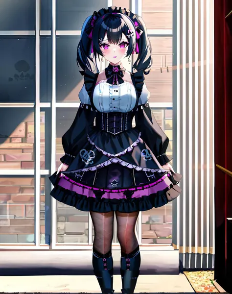 Masterpiece, absurdres,8K, solo,
<lora:GothGal:0.75>, GothGal, (ultra short skirt, fishnet stockings, gothic print, imprinted skulls:1.25), a woman in a black and white outfit is standing on the street,woman wearing a GothGal outfit, large boots, twin tail, frilly dress, lace, ribbon, lipstick, pale skin