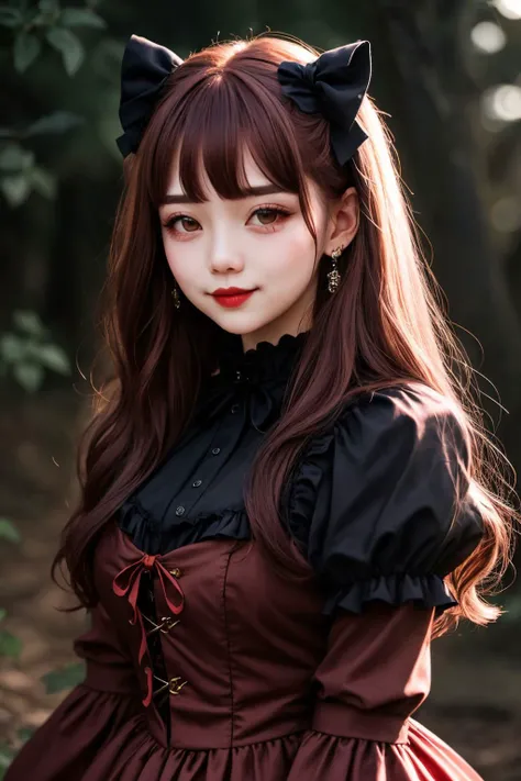 upper body, a badass GothGal, 28 years old, (from Germany:1.3), slaying it, wearing a red GothGal outfit, red dress, ribbon, frills, Long eyelashes, thick lips rosy cheeks, cuteness overload , moody atmosphere, dimples, Resist her cuteness!!!, cute smile, fair pale skin, oily skin, radiant eyes, Faux hawk hair cut, Copper hair color, direct flash photography, overexposed, grainy, <lora:edgGothGal_MINI:1>
