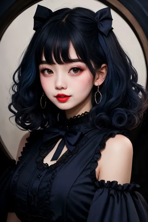 upper body, a badass GothGal, 28 years old, (caligirl:1.3), slaying it, wearing a red GothGal outfit, red dress, ribbon, frills, Pouty lips, Long eyelashes, thick lips rosy cheeks, cuteness overload , moody atmosphere, dimples, Resist her cuteness!!!, cute smile, fair pale skin, oily skin, radiant eyes, (Voluminous curls hair cut), (Navy blue hair color), direct flash photography, color filter, grainy, <lora:edgGothGal_MINI:1>