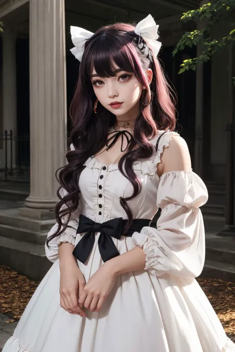 upper body, a badass GothGal, 28 years old, (from Germany:1.3), ((face piercings)), slaying it, wearing a white GothGal outfit, white dress, ribbon, frills, Long eyelashes, Rosy cheeks, cuteness overload , moody atmosphere, dimples, Resist her cuteness!!!, cute smile, fair pale skin, oily skin, beautiful eyes, Curly bob hair cut, Rose gold hair color, fill lighting, glitch style, grainy, <lora:edgGothGal_MINI:1>