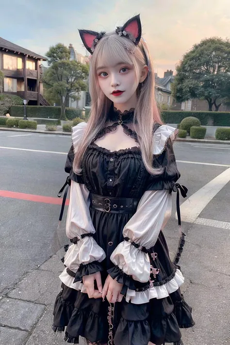(8k, best quality, masterpiece:1.2), (realistic, photo-realistic:1.37), ultra-detailed, (1girl:1.6),cute,beautiful detailed sky,(outdoors:1.4),night,standing,dating,(nose blush),(light smile:1.15),(closed mouth:1.2), large breasts,beautiful detailed eyes, wet,rain,white lace, (short hair:1.2),floating hair NovaFrogStyle, looking at viewer, full body, <lora:koreanDollLikeness_v15:0.33>, <lora:japaneseDollLikeness_v10:0.33>, <lora:mix4:0.5>, mix4, <lora:add_detail:1>, <lora:gothGals_v10:1> wearing a gothgal outfit, black lips, blonde hair, pale skin, cat ears, cat_girl