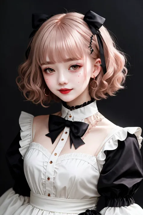 upper body, a badass GothGal, 28 years old, (from Germany:1.3), ((face piercings)), slaying it, wearing a white GothGal outfit, white dress, ribbon, frills, Long eyelashes, Rosy cheeks, cuteness overload , moody atmosphere, dimples, Resist her cuteness!!!, cute smile, fair pale skin, oily skin, beautiful eyes, Curly bob hair cut, Rose gold hair color, fill lighting, glitch style, grainy, <lora:edgGothGal_MINI:0.8>