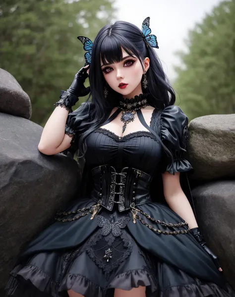 Masterpiece, absurdres,HDR ,highly detailed eyes and face,GothGal, a woman in a black ballgown posing on a pile of rocks , woman wearing a GothGal outfit, short sleeves, butterfly sprint, black gloves, exposed thighs, leather belt,wearing a ballgown <lora:ballgownGoth:0.7>