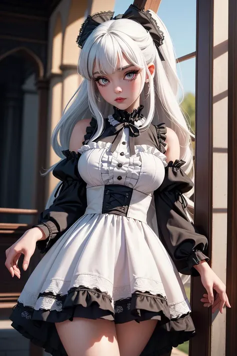 (masterpiece, best quality, hires, high resolution:1.2, 4k, 8k , high quality), extremely detailed, realistic, intricate details, highres, 1girl, solo, (large breasts, thick thighs, wide hips), arched back,(cinematic lighting, sunlight, perfect lighting, backlighting), eye-level shot, extreme close-up-shot, looking at viewer, white hair,
<lora:edgGothGal_MINI:0.8> GothGal, wearing a GothGal outfi, dress, ribbon, frills