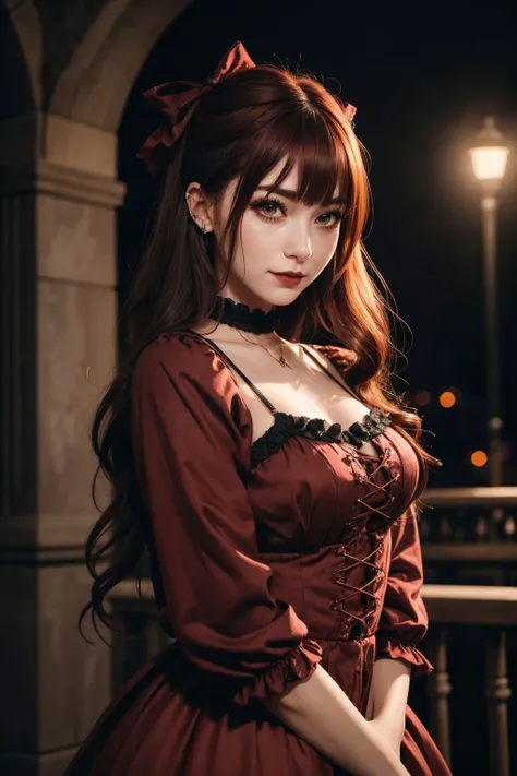 upper body, a badass GothGal, 28 years old, (from Germany:1.3), slaying it, wearing a red GothGal outfit, red dress, ribbon, frills, Long eyelashes, thick lips rosy cheeks, cuteness overload , moody atmosphere, dimples, Resist her cuteness!!!, cute smile, fair pale skin, oily skin, radiant eyes, Faux hawk hair cut, Copper hair color, direct flash photography, overexposed, grainy, <lora:edgGothGal_MINI:0.75>