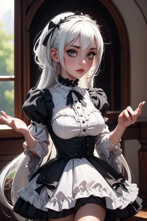(masterpiece, best quality, hires, high resolution:1.2, 4k, 8k , high quality), extremely detailed, realistic, intricate details, highres, 1girl, solo, (large breasts, thick thighs, wide hips), arched back,(cinematic lighting, sunlight, perfect lighting, backlighting), eye-level shot, extreme close-up-shot, looking at viewer, white hair,
<lora:edgGothGal_MINI:0.8> GothGal, wearing a GothGal outfi, dress, ribbon, frills
