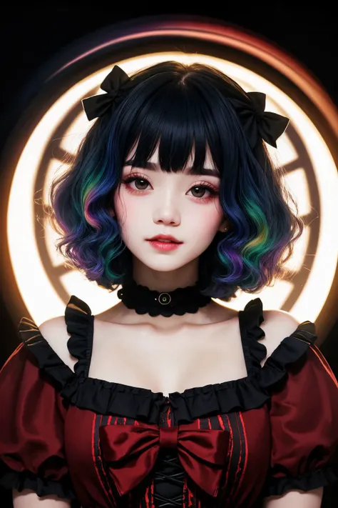 upper body, a badass GothGal, 28 years old, (caligirl:1.3), slaying it, wearing a GothGal outfit, red dress, ribbon, frills, Pouty lips, Long eyelashes, Full eyebrows, Full eyelids, thick lips, rosy cheeks, cuteness overload , moody atmosphere, dimples, Resist her cuteness!!!, cute smile, fair pale skin, oily skin, radiant eyes, (Bowl cut hair cut), (Rainbow hair color), harsh flash lighting, vignette, grainy, <lora:edgGothGal_MINI:1>